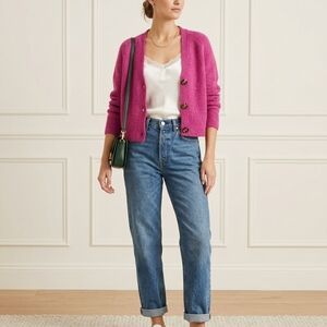 Ganni Pink Cardigan with Blue Boyfriend Jeans